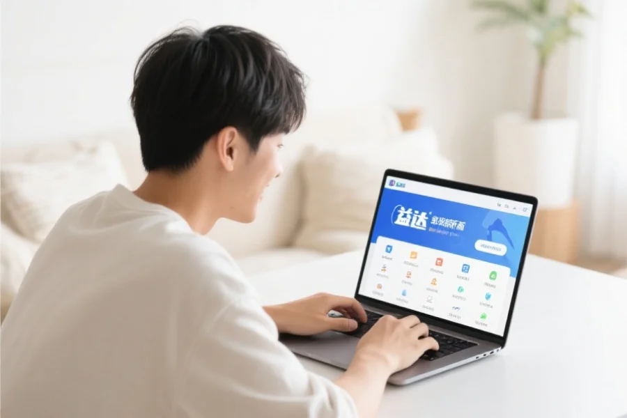 一位年轻用户在明亮舒适的室内环境中愉快地使用笔记本电脑，屏幕上展示耀世客户端新版界面